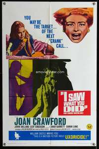 a473 I SAW WHAT YOU DID one-sheet movie poster '65 Joan Crawford, Castle