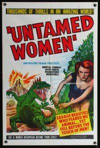 e925 UNTAMED WOMEN one-sheet movie poster '52 dinosaur & sexy cave babe!