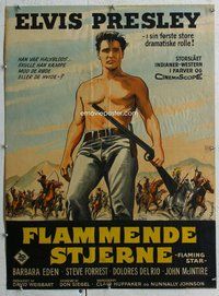 f107 FLAMING STAR linen Danish movie poster '60 Wenzel art of Elvis!