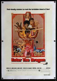 f352 ENTER THE DRAGON linen one-sheet movie poster '73 Bruce Lee classic!