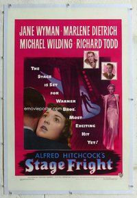 f467 STAGE FRIGHT linen one-sheet movie poster '50 Dietrich, Hitchcock