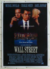 f496 WALL STREET linen one-sheet movie poster '87 Douglas, Sheen, Hannah