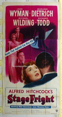 n528 STAGE FRIGHT three-sheet movie poster '50 Marlene Dietrich, Hitchcock