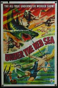 y089 UNDER THE RED SEA one-sheet movie poster '52 cool shark image!