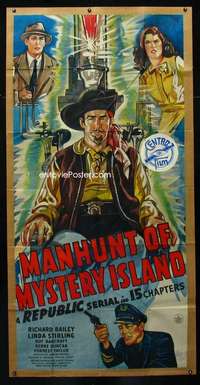 h248 MANHUNT OF MYSTERY ISLAND three-sheet movie poster '45 sci-fi serial!