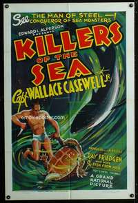 k408 KILLERS OF THE SEA one-sheet movie poster '37 man fighting sharks!