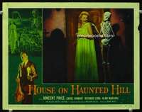 h374 HOUSE ON HAUNTED HILL movie lobby card #7 '59 girl & skeleton!