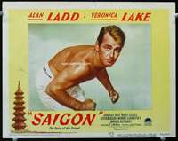 m753 SAIGON movie lobby card #2 '48 Alan Ladd barechested close up!