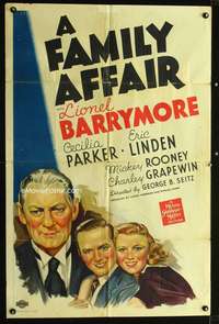 p163 FAMILY AFFAIR one-sheet movie poster '37 Lionel Barrymore as Judge Hardy, first Andy Hardy!