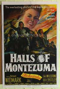 p223 HALLS OF MONTEZUMA one-sheet movie poster '51 Richard Widmark, cool WWII U.S. Marines art!