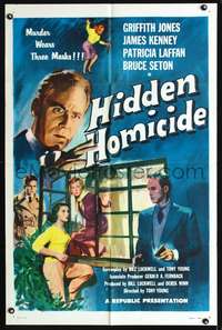 p242 HIDDEN HOMICIDE one-sheet movie poster '58 English murderer wears three masks!