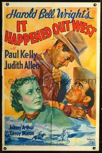 p297 IT HAPPENED OUT WEST one-sheet poster '37 Paul Kelly, Harold Bell Wright, cool cowboy art!