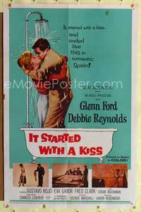 p298 IT STARTED WITH A KISS one-sheet movie poster '59 Glenn Ford & Debbie Reynolds in shower!