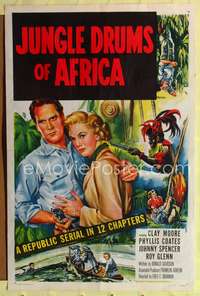 p312 JUNGLE DRUMS OF AFRICA one-sheet movie poster '52 Clayton Moore, Phyllis Coates, serial!