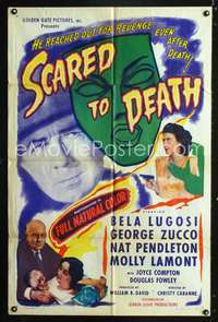 p620 SCARED TO DEATH one-sheet movie poster '47 Bela Lugosi, cool death mask image!