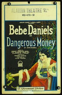 c082 DANGEROUS MONEY window card '24 artwork of sexy Bebe Daniels by spider web with cash in hand!