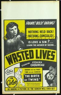 c292 WASTED LIVES/BIRTH OF TWINS window card movie poster '57 nothing held back, nothing concealed!