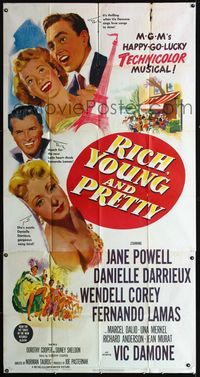 1a345 RICH, YOUNG & PRETTY three-sheet movie poster '51 Jane Powell is romanced in Paris France!