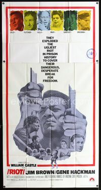 1a348 RIOT three-sheet movie poster '69 Jim Brown & Gene Hackman escape from prison!