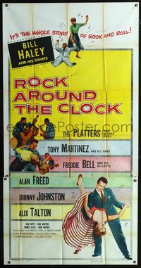 1a350 ROCK AROUND THE CLOCK three-sheet '56 Bill Haley & His Comets, The Platters, Alan Freed!