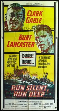 1a351 RUN SILENT, RUN DEEP three-sheet '58 Clark Gable & Burt Lancaster in military submarine!