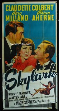 1a358 SKYLARK three-sheet poster '41 great art of Claudette Colbert, Ray Milland & Brian Aherne!