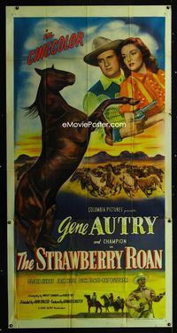 1a362 STRAWBERRY ROAN three-sheet movie poster '47 great art of Gene Autry, Gloria Henry & Champion!