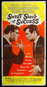 1a366 SWEET SMELL OF SUCCESS three-sheet movie poster '57 Burt Lancaster wants to slap Tony Curtis!