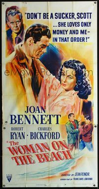 1a394 WOMAN ON THE BEACH three-sheet poster '46 Robert Ryan is a sucker for bad girl Joan Bennett!