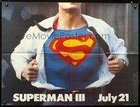 1a185 SUPERMAN III teaser British quad poster '83 great close up of Clark Kent becoming Superman!