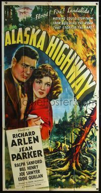 1m227 ALASKA HIGHWAY style A 3sheet '43 art of Richard Arlen & Jean Parker, bullets vs bulldozers!