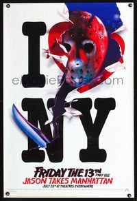 1p131 FRIDAY THE 13TH PART VIII teaser I love NY style one-sheet poster '89 Jason Takes Manhattan!