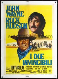 1v088 UNDEFEATED linen Italian 1p '69 cool artwork of cowboys John Wayne & Rock Hudson by Fiorenzi!