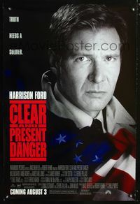 1z116 CLEAR & PRESENT DANGER DS advance 1sh '94 great portrait of Harrison Ford and American flag!