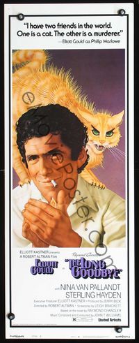 2h276 LONG GOODBYE style B insert '73 Elliott Gould as Philip Marlowe with cat on shoulders, noir!