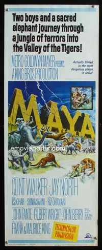 2h320 MAYA insert poster '66 Clint Walker, cool artwork of stampeding elephants & jungle animals!