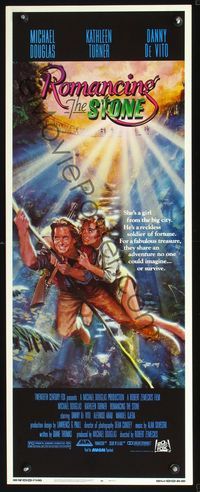 2h421 ROMANCING THE STONE insert '84 Robert Zemeckis, art of Michael Douglas & Kathleen Turner!