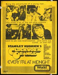 2k090 CLOCKWORK ORANGE movie herald '72 Stanley Kubrick classic, special midnight showing!