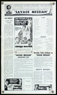 2k789 SAVAGE MESSIAH Aust press sheet '72 Ken Russell, Scott Henry as Henri Gaudier, Helen Mirren