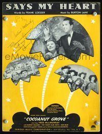 2k577 COCOANUT GROVE signed movie sheet music '38 by Harriet Hilliard, who is with Fred MacMurray!