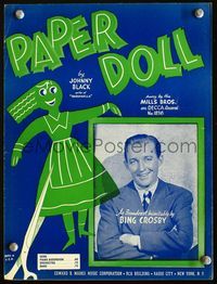 2k589 DIXIE movie sheet music '43 portrait of Bing Crosby, plus cool artwork of paper doll cut!