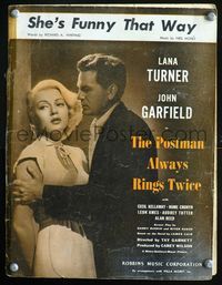 2k702 POSTMAN ALWAYS RINGS TWICE sheet music '46 great close up of John Garfield & sexy Lana Turner