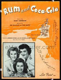 2k715 RUM & COCA-COLA movie sheet music '45 great close portrait of the Andrews Sisters in Trinidad!