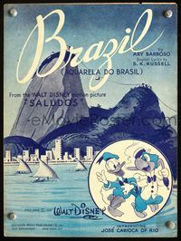 2k718 SALUDOS AMIGOS movie sheet music '43 great cartoon art of Donald Duck & Joe Carioca in Brazil!