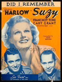 2k746 SUZY movie sheet music '36 smiling close up of sexy Jean Harlow, Cary Grant, Franchot Tone