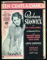 2k751 TEN CENTS A DANCE movie sheet music '31 great sexy close up of bad girl Barbara Stanwyck!