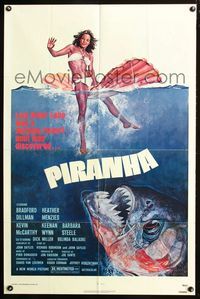 2n778 PIRANHA one-sheet '78 Roger Corman, great art of man-eating fish & sexy girl by John Solie!