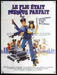 2u511 OFF BEAT French one-panel poster '86 wacky art of fake cop Judge Reinhold carrying Meg Tilly!