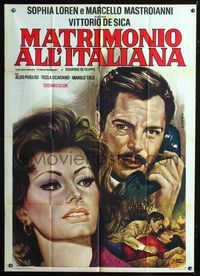 2u208 MARRIAGE ITALIAN STYLE Italian 1p '64 art of Loren & Mastroianni by Crovato, Vittorio de Sica