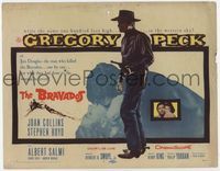 2v356 BRAVADOS title lobby card '58 full-length art of cowboy Gregory Peck with gun, Joan Collins